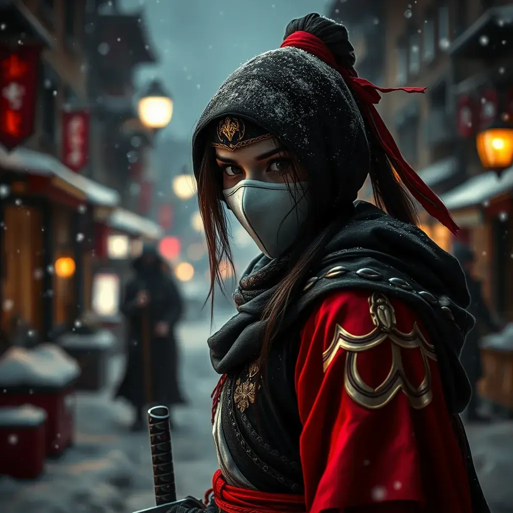Mysterious beautiful white kunoichi ninja wearing black, red and gold in the streets of a dark snowy town in russia, Intricate Details, Bokeh effect, Photo Realistic, Volumetric Lighting by Greg Rutkowski