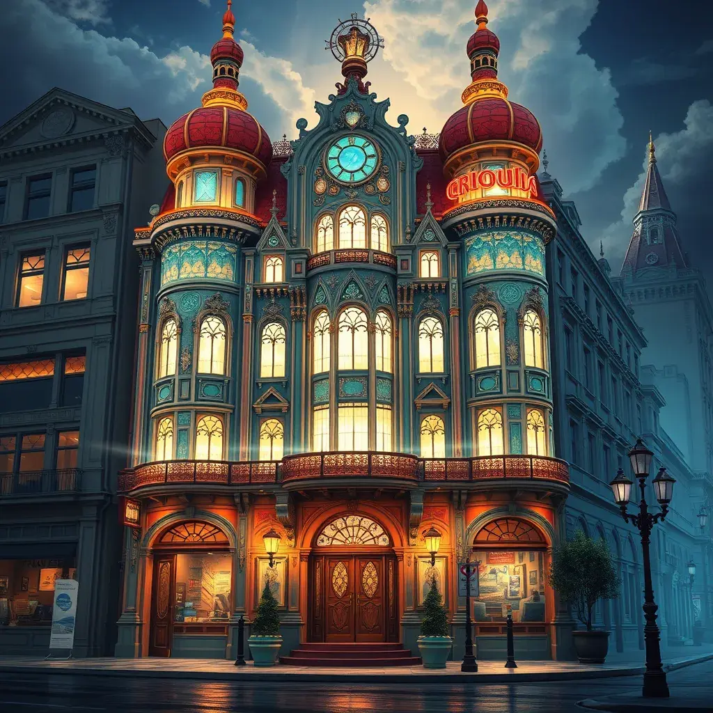 art nuveau exterior fantasy colorful building office space futuristic rococco baroques victorian, Highly Detailed, Masterpiece, Vintage Illustration, Cinematic Lighting, Photo Realistic, Sharp Focus, Smooth, Digital Art, Vector Art, Soft by Stanley Artgerm Lau