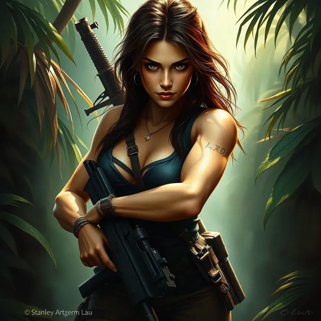 Full body portrait of a beautiful armed Lara Croft emerging from the jungle, Highly Detailed, Intricate, Sharp Focus, Volumetric Lighting, Fantasy, Elegant, Threatening by Stanley Artgerm Lau