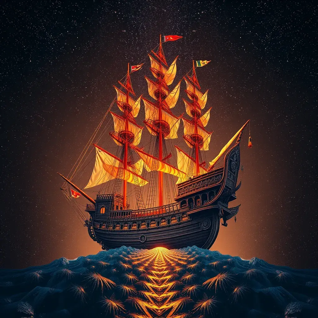 Pirate Ship, Intricate, Ultra Detailed, Symmetry, Beautiful, Sharp Focus, Astrophotography, Centered, Volumetric Lighting by Dan Mumford, Marc Simonetti