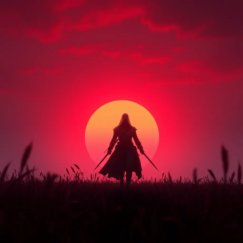 Female assassin creed emerging from a batte field. Sky is colored by a red sun set., Dystopian, Trending on Artstation, Volumetric Lighting by Stefan Kostic