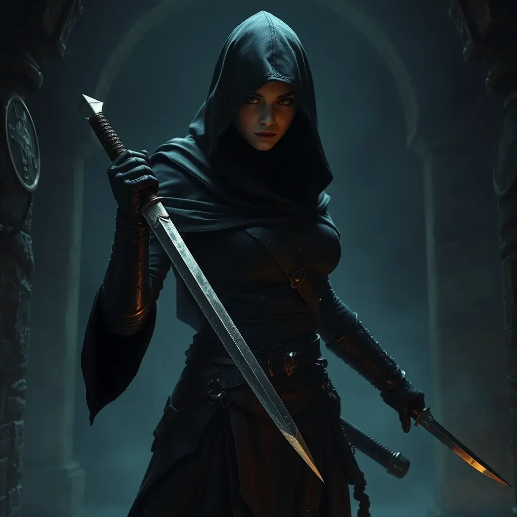 Full body matte portrait of a veiled female Assassin with daggers in a dungeon, Highly Detailed, Gothic and Fantasy, Volumetric Lighting, Fantasy, Threatening by Greg Rutkowski