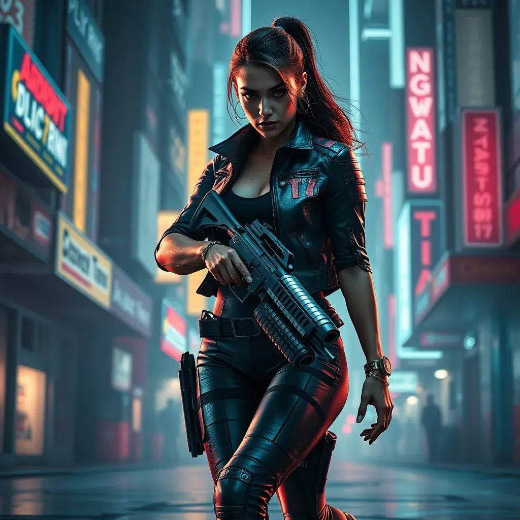 full body shot, armed beautiful woman walking with detailed eyes, dynamic pose, athletic , Cybernatic and Sci-Fi, Cyberpunk, Cityscape, Blade Runner 2049, Neon light effect, Neon, Futurism, Threatening