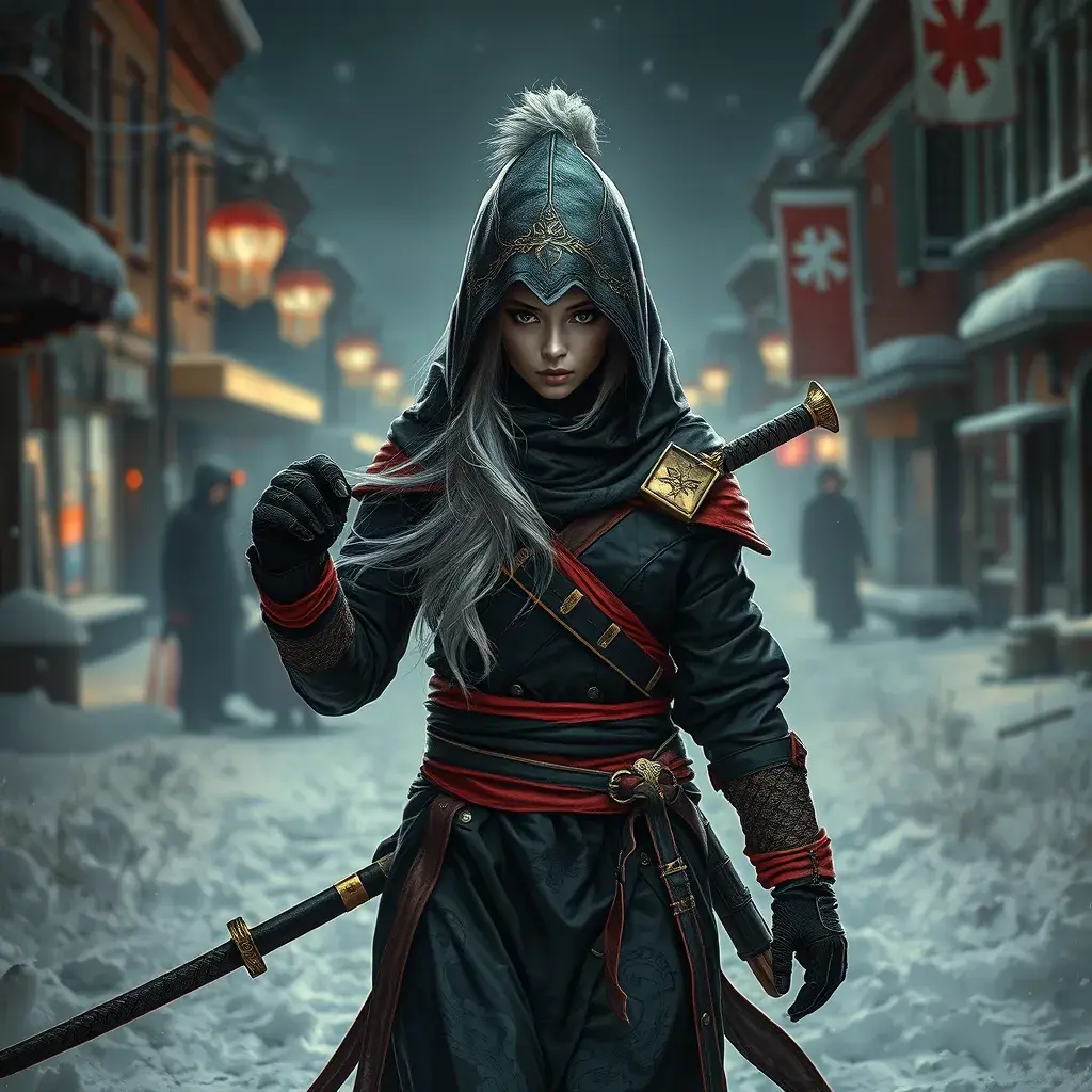 Mysterious beautiful white kunoichi ninja wearing black, red and gold in the streets of a dark snowy town in russia, Intricate Details, Photo Realistic by Greg Rutkowski