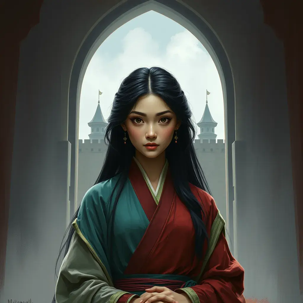 Matte portrait of Mulan inside a castle, Ultra Detailed, Half Body, Beautiful, Matte Painting, Sharp Focus, Portrait, Fantasy by Stefan Kostic