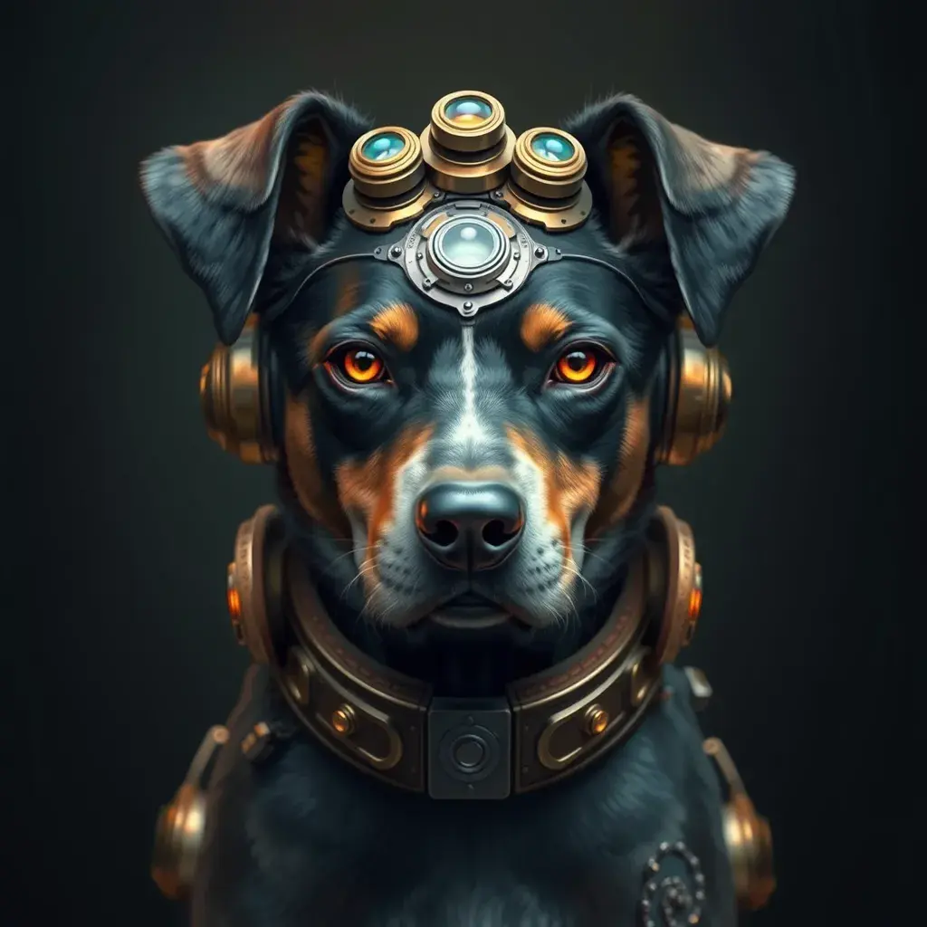 Steampunk portrait of a Dog, inspired by future technology, Highly Detailed, Steampunk by Stanley Artgerm Lau