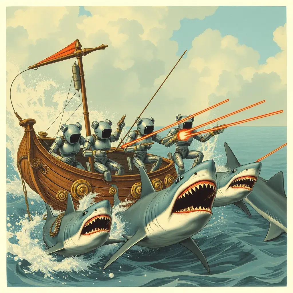 Six robots on a boat with harpoons, battling sharks with lasers strapped to their heads, Steampunk