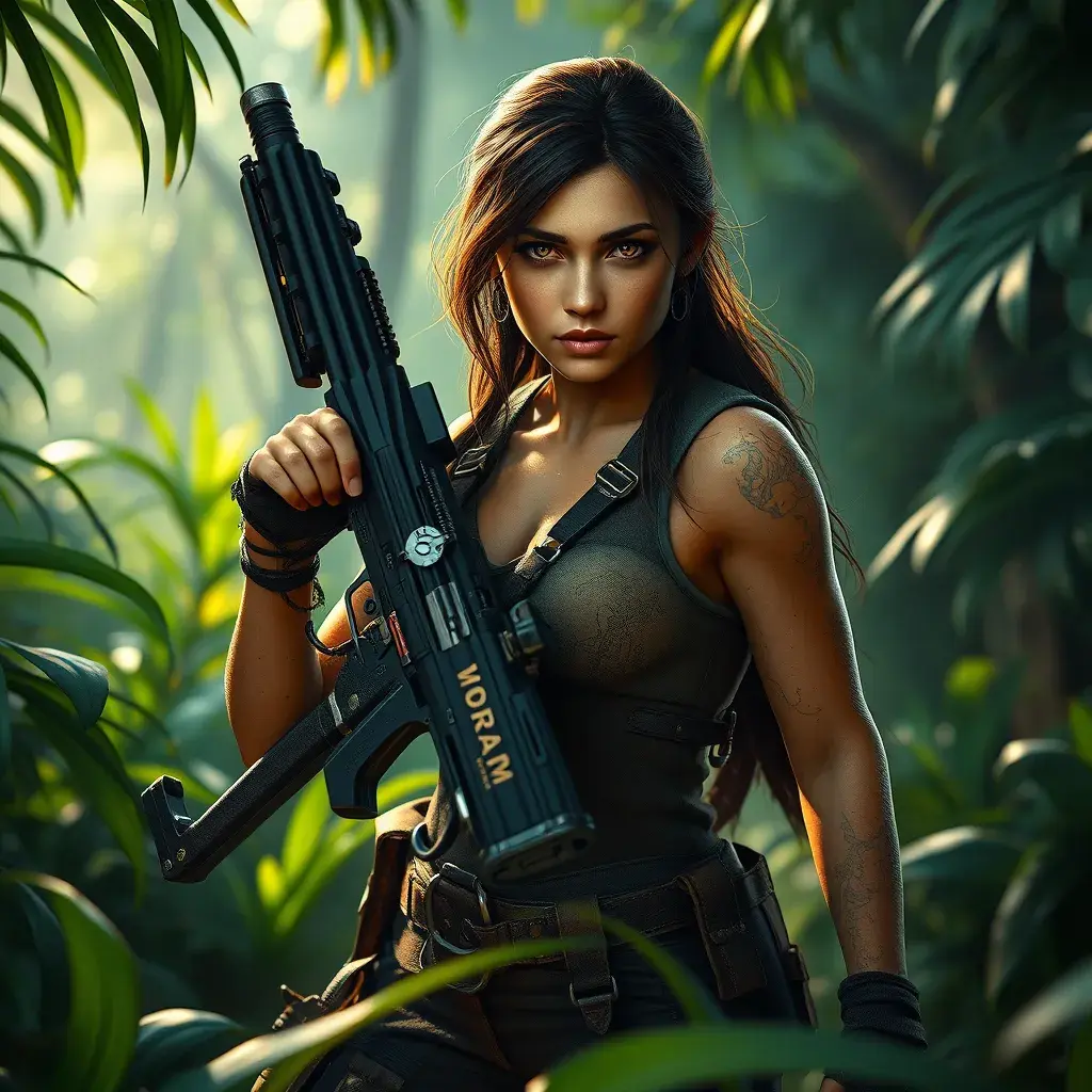 Full body portrait of a beautiful armed Lara Croft emerging from the jungle, Highly Detailed, Intricate, Sharp Focus, Volumetric Lighting, Fantasy, Elegant, Threatening by Beeple