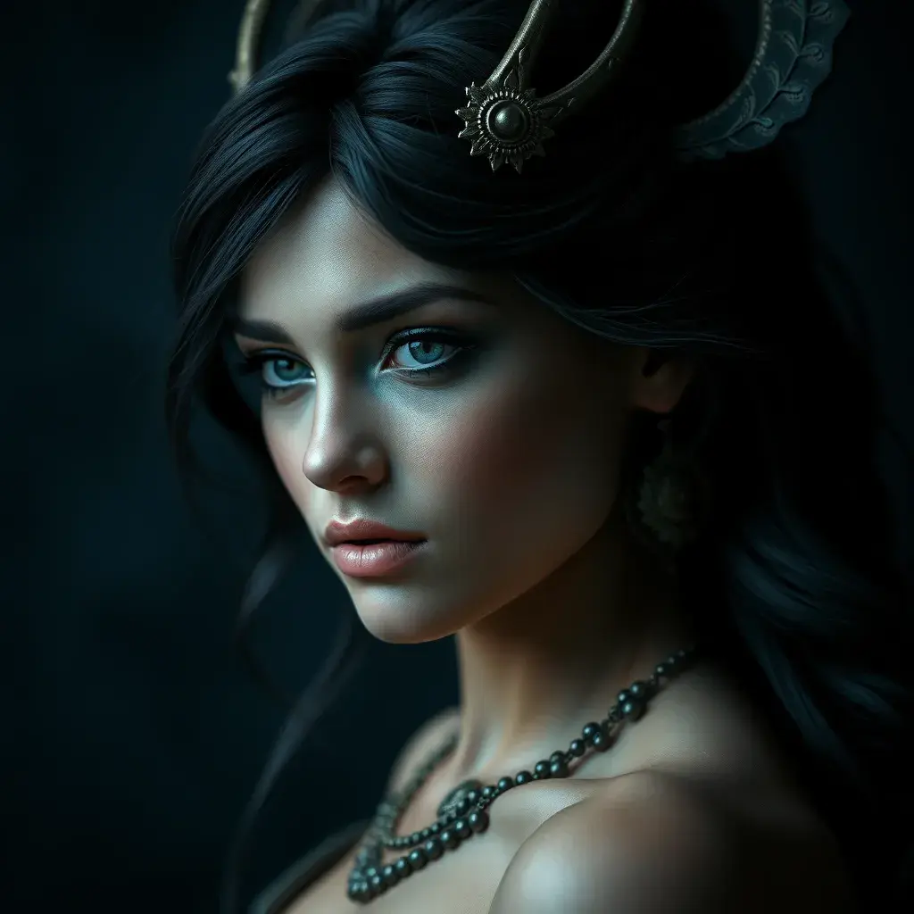 Matte portrait of the beautiful Artemis in dark blue, Highly Detailed, Intricate, Realistic, Sharp Focus, Volumetric Lighting, Fantasy, Elegant