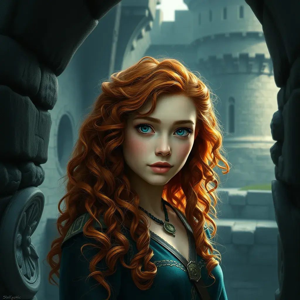 Matte portrait of Disney's Merida of DunBroch inside a castle, Ultra Detailed, Half Body, Beautiful, Matte Painting, Sharp Focus, Portrait, Fantasy by Stefan Kostic