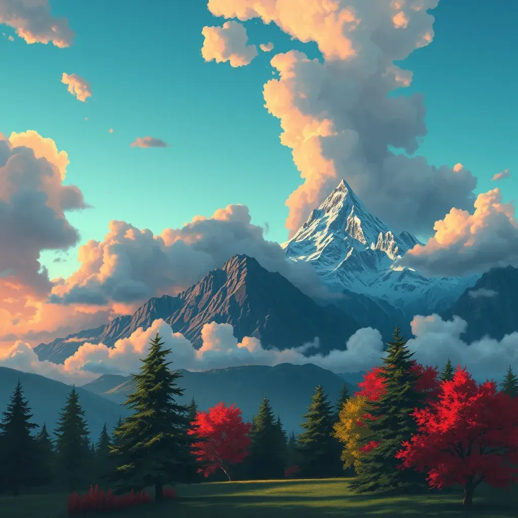 painting of evening sky, low thunder clouds foothpath with trees at indian summer with zugspitze fitz roy in background, colours green, red, blue black and white, acuarela, Highly Detailed, Beautiful, Digital Painting, Anime, Fantasy by Studio Ghibli