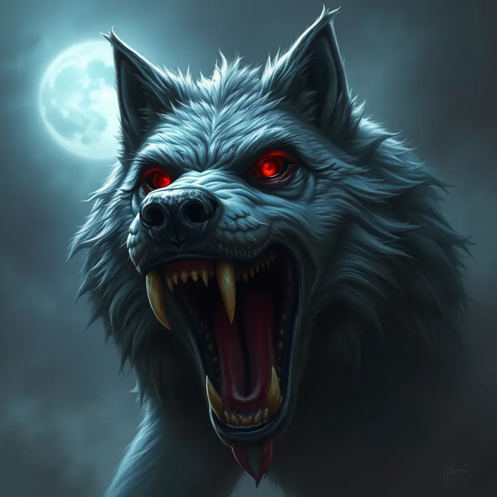 large evil wolf howling, red eyes, big teeth, Eldritch, Fantasy, Apocalyptic, Doom, Dreadful, Forbidding, Frightful, Harrowing, Ominous, Shocking, Terrifying, Threatening, Unnerving