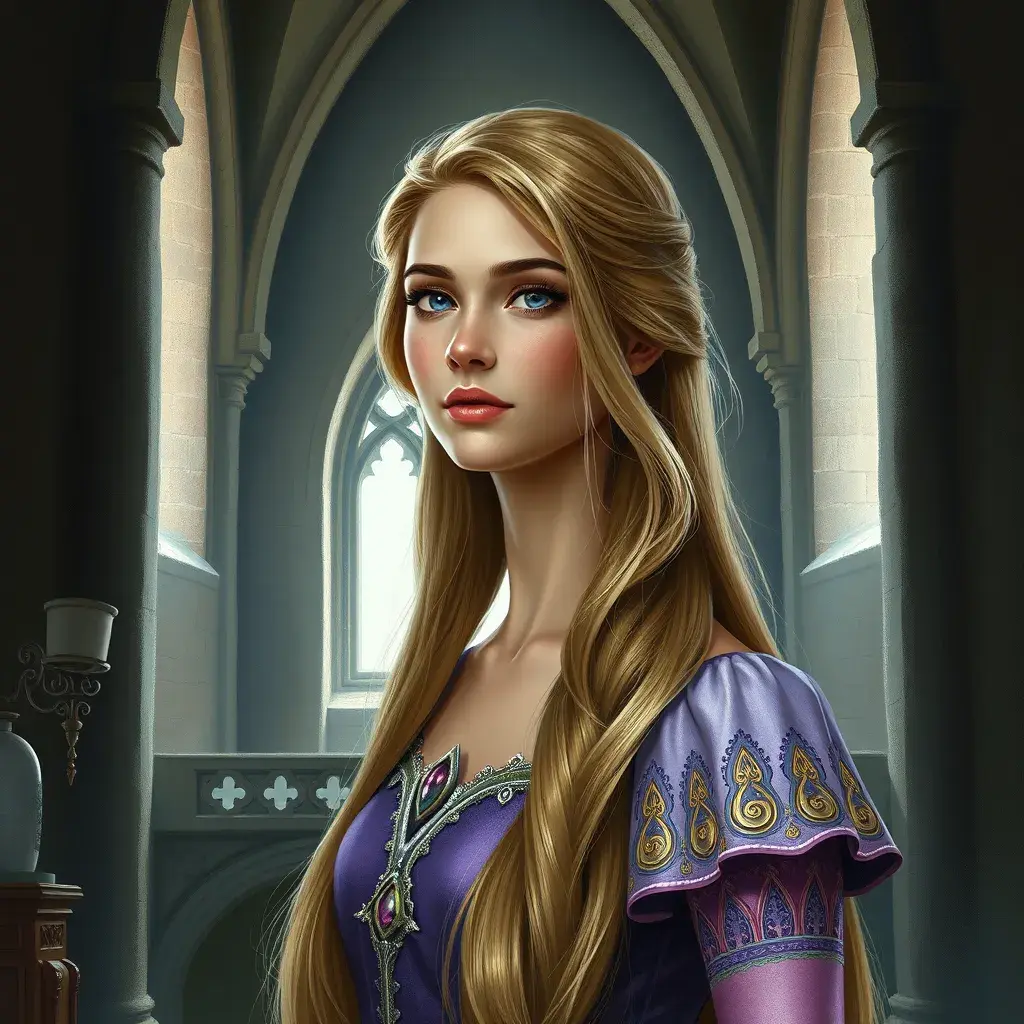 Matte portrait of Rapunzel inside a castle, Ultra Detailed, Half Body, Beautiful, Matte Painting, Sharp Focus, Portrait, Fantasy by Stefan Kostic