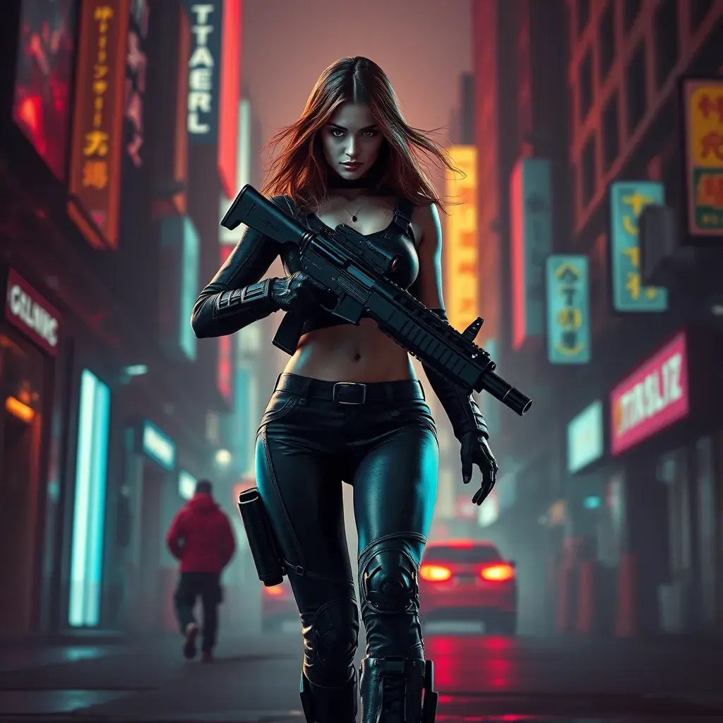 full body shot, armed beautiful woman walking with detailed eyes, dynamic pose, athletic , Cybernatic and Sci-Fi, Cyberpunk, Cityscape, Blade Runner 2049, Neon light effect, Neon, Futurism, Threatening