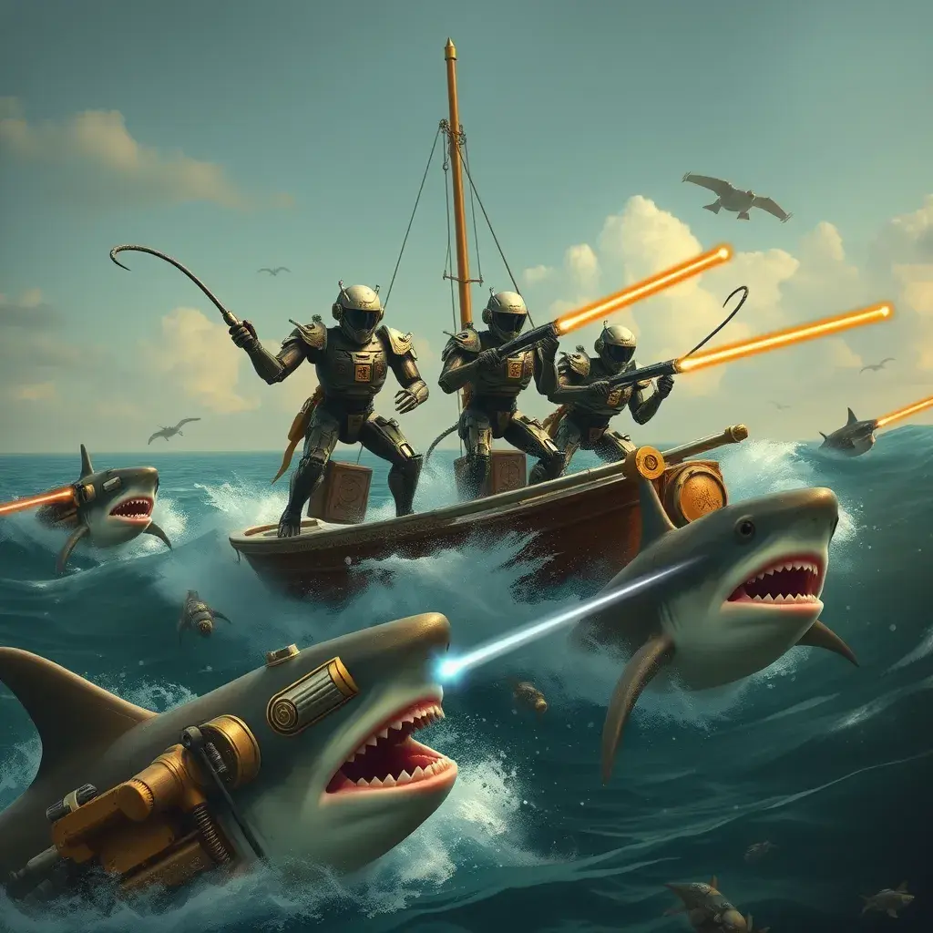 Six robots on a boat with harpoons, battling sharks with lasers strapped to their heads, Steampunk