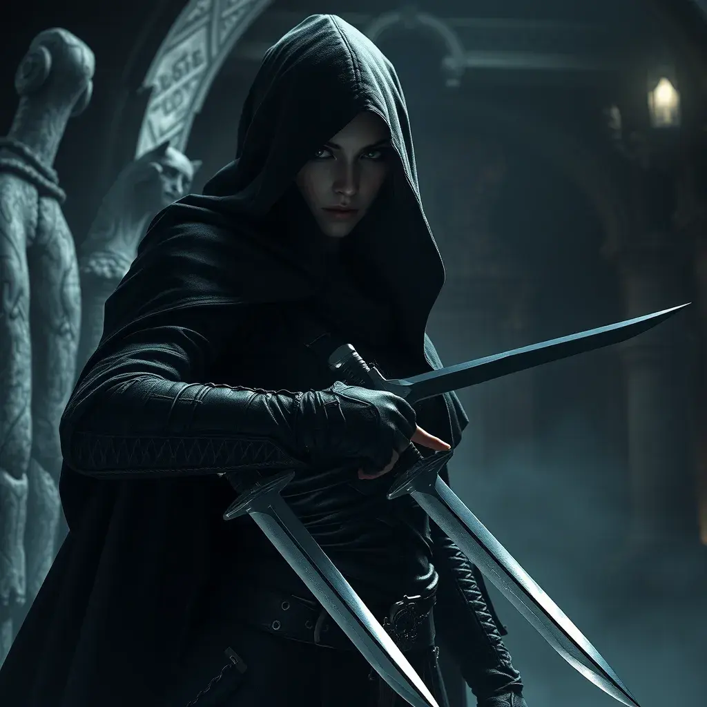 Full body matte portrait of a veiled female Assassin with daggers in a dungeon, Gothic and Fantasy, Volumetric Lighting, Fantasy, Threatening by Stanley Artgerm Lau