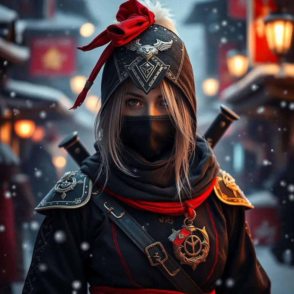 Mysterious beautiful white kunoichi ninja wearing black, red and gold in the streets of a dark snowy town in russia, Intricate Details, Bokeh effect, Photo Realistic, Volumetric Lighting
