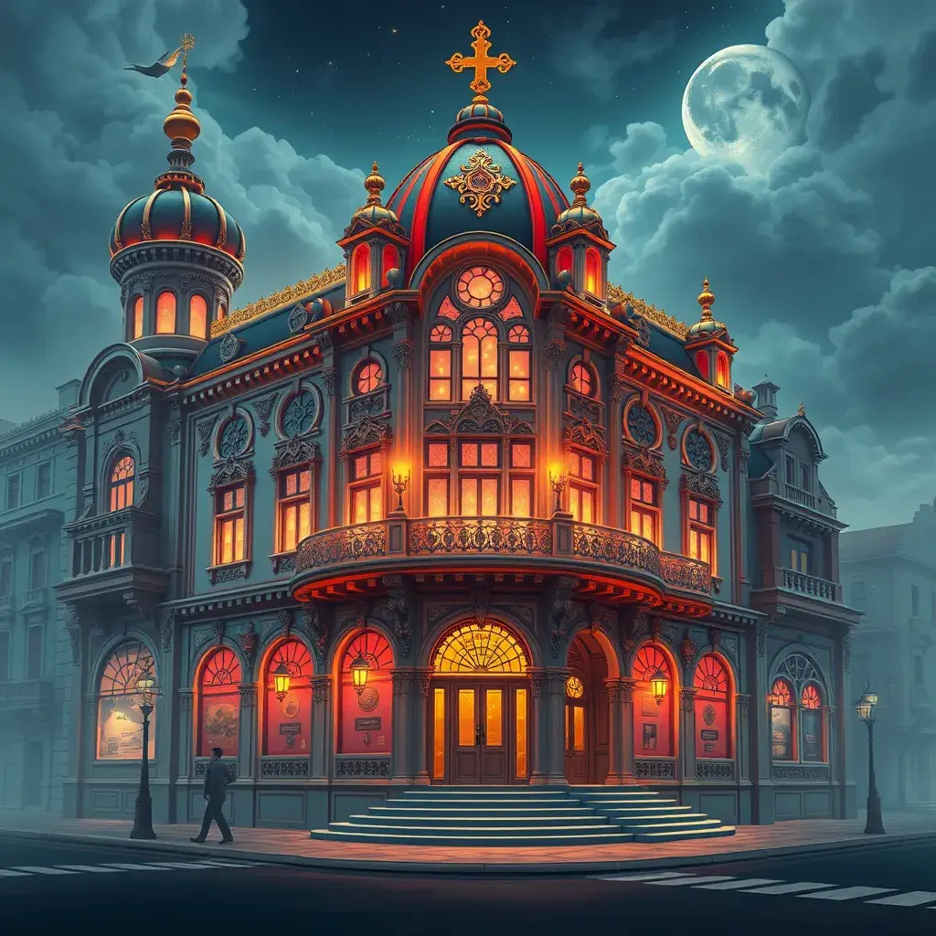 art nuveau exterior fantasy colorful building office space futuristic rococco baroques victorian, Highly Detailed, Masterpiece, Vintage Illustration, Cinematic Lighting, Photo Realistic, Sharp Focus, Smooth, Digital Art, Vector Art, Soft