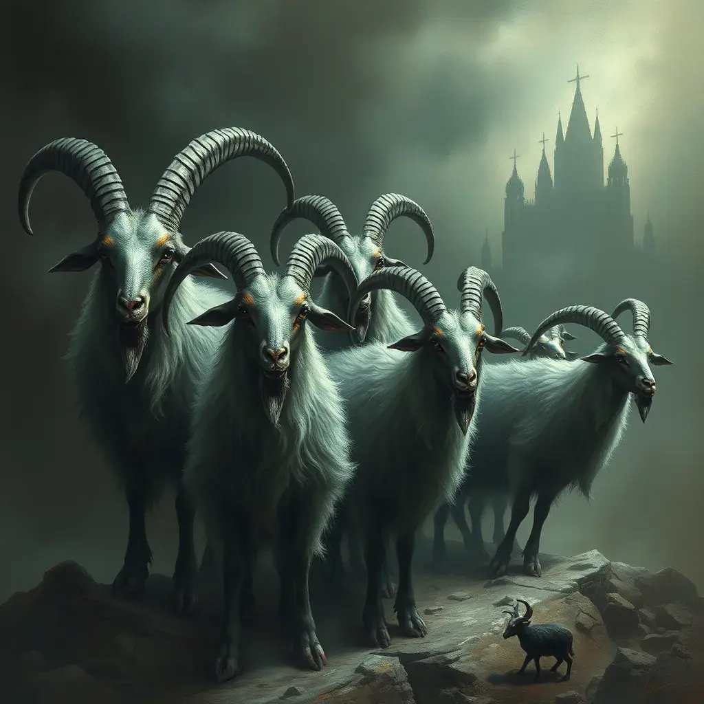 A flock of evil goats monsters, Eldritch, Fantasy, Apocalyptic, Doom, Dreadful, Forbidding, Frightful, Harrowing, Ominous, Shocking, Terrifying, Threatening, Unnerving
