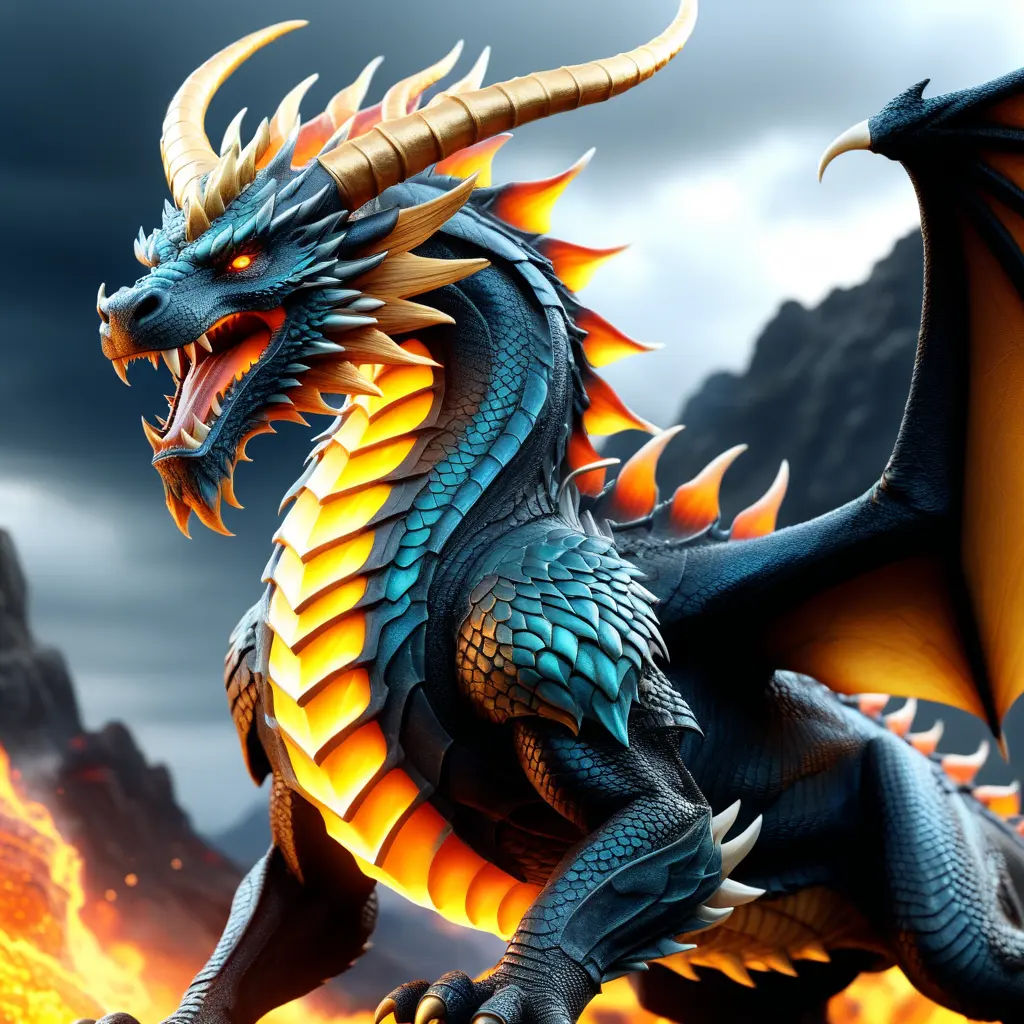 Lavabreath is an ancient war dragon with a grand demeanor and a crown of horns fusion with a god lion with molten lava patterns, Ultra Detailed, Realistic