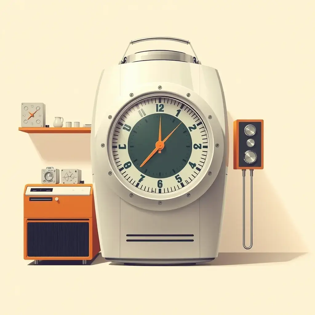 A Time Machine designed by Dieter Rams. stunning industrial design. Natural colors, mid century modern design, Highly Detailed, Hyper Detailed, Vintage Illustration, Sharp Focus, Smooth, Octane Render, Vector Art