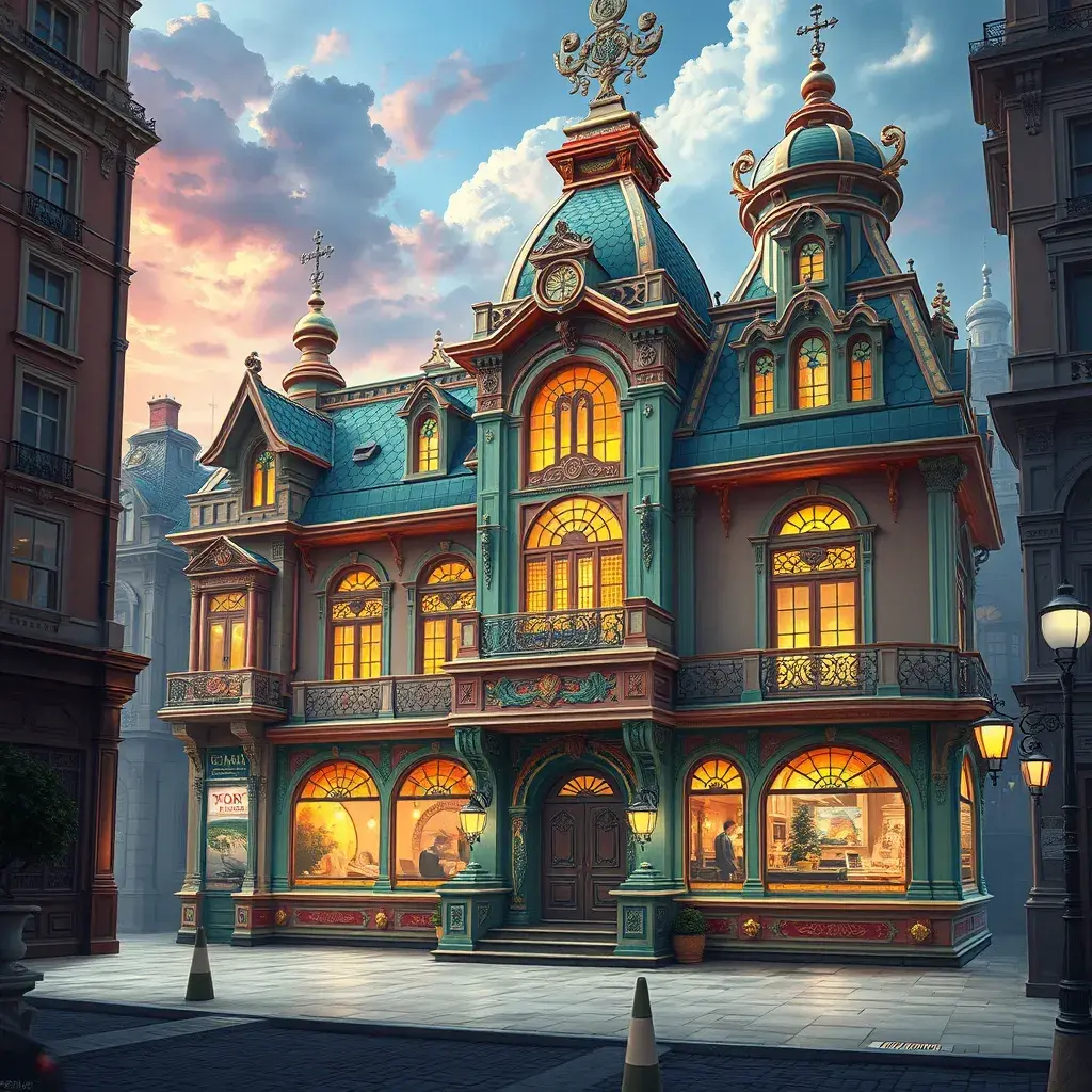 art nuveau exterior fantasy colorful building office space futuristic rococco baroques victorian, Highly Detailed, Masterpiece, Vintage Illustration, Cinematic Lighting, Photo Realistic, Digital Art by Stefan Kostic