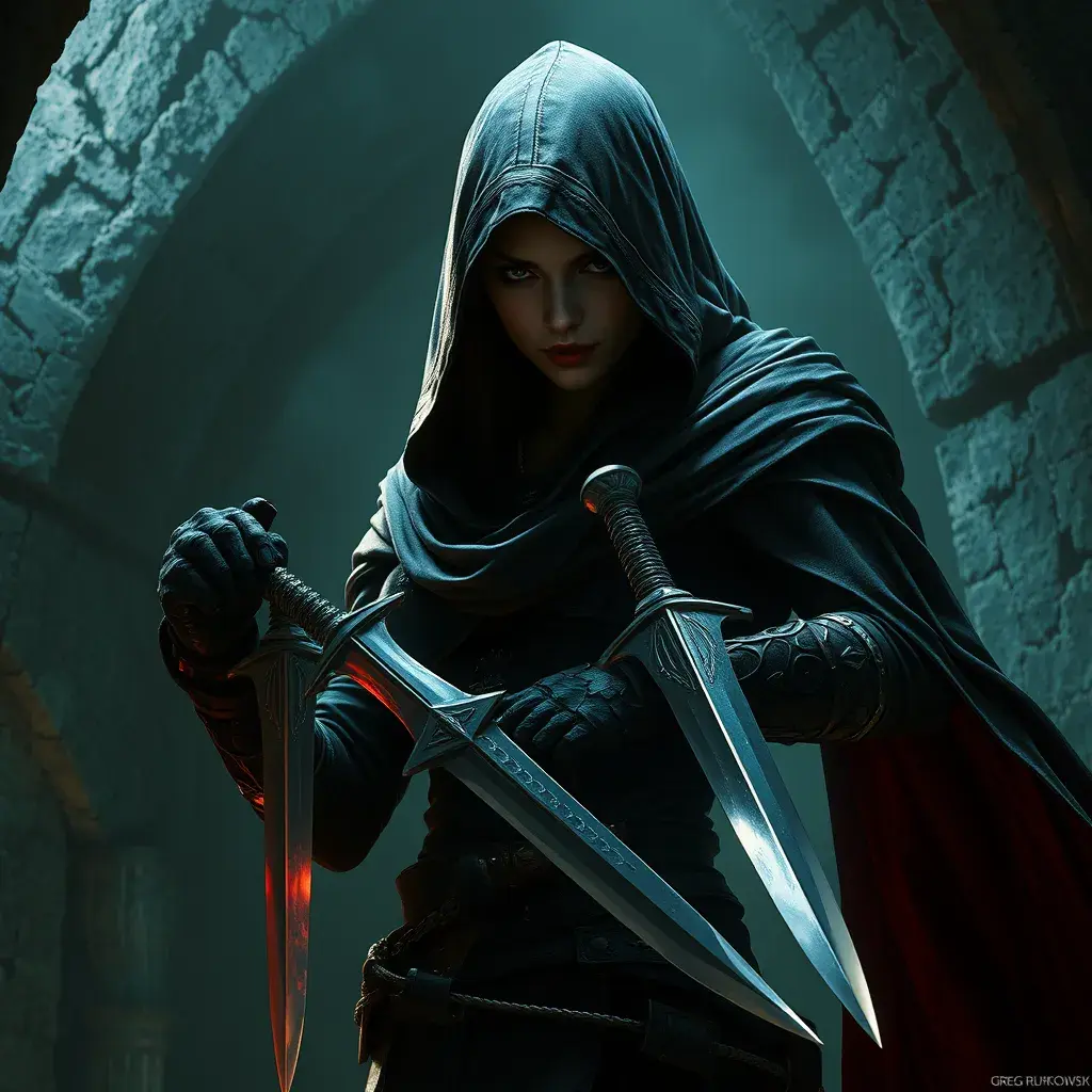 Full body matte portrait of a veiled female Assassin with daggers in a dungeon, Highly Detailed, Gothic and Fantasy, Volumetric Lighting, Fantasy, Threatening by Greg Rutkowski
