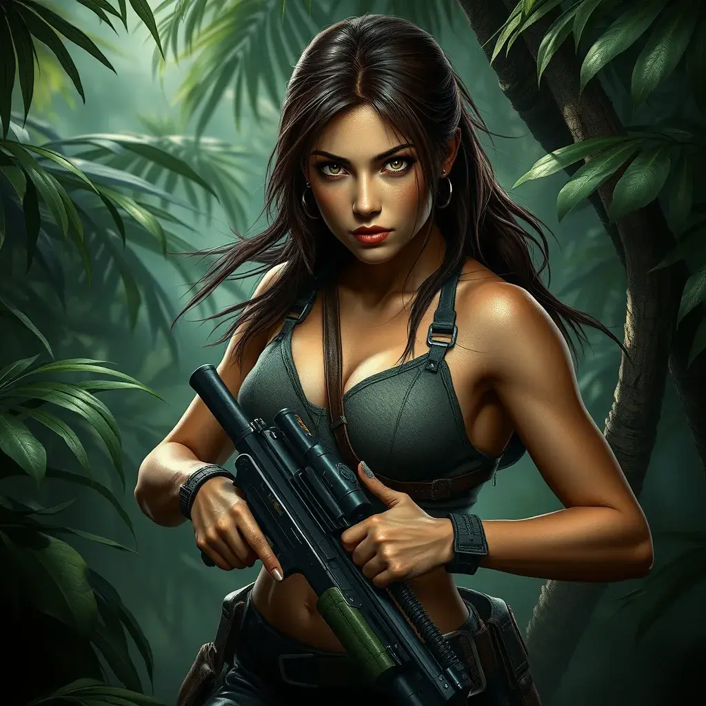 Full body portrait of a beautiful armed Lara Croft emerging from the jungle, Highly Detailed, Intricate, Sharp Focus, Volumetric Lighting, Fantasy, Elegant, Threatening by Stanley Artgerm Lau