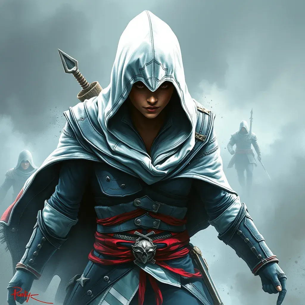 White hooded Assassin's Creed female assassin emerging from the fog of battle, Highly Detailed, Vibrant Colors, Ink Art, Fantasy, Dark by Stanley Artgerm Lau