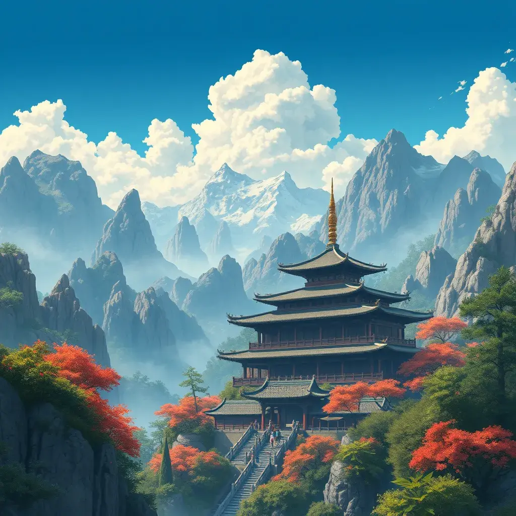 landscape of a large chinese temple in the tall mountains, Highly Detailed, Beautiful, Digital Painting, Anime, Fantasy by Studio Ghibli