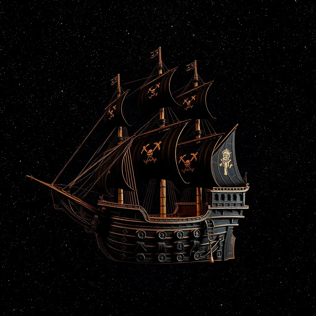 Pirate Ship, Intricate, Ultra Detailed, Symmetry, Beautiful, Sharp Focus, Astrophotography, Centered, Volumetric Lighting