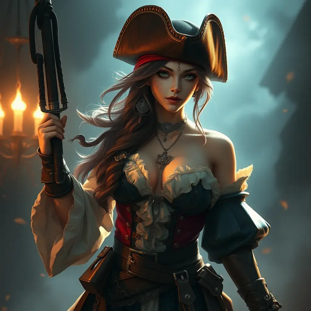 A beautiful female Pirate, Intricate, Half Body, Realistic, Volumetric Lighting, Fantasy, Elegant