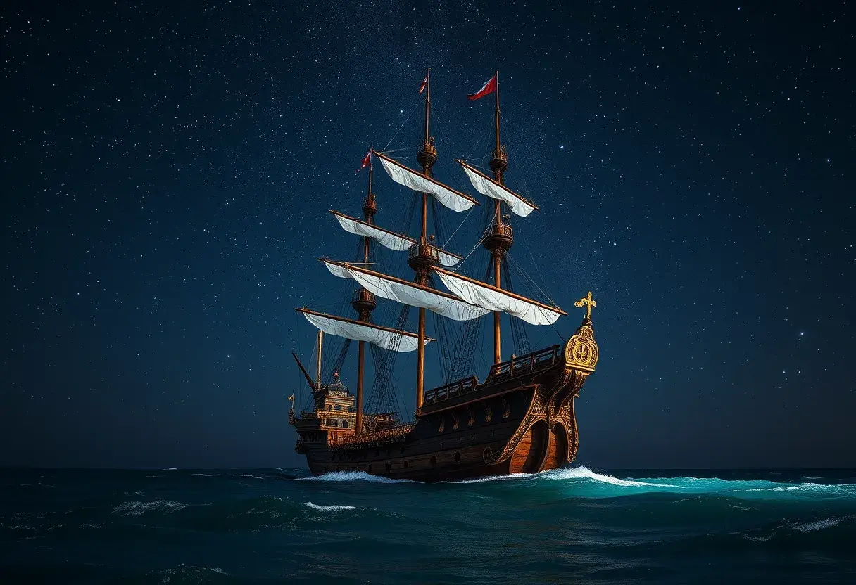 Pirate Ship in high seas on a dark starry night, Intricate, Ultra Detailed, Symmetry, Beautiful, Sharp Focus, Astrophotography, Centered, Volumetric Lighting