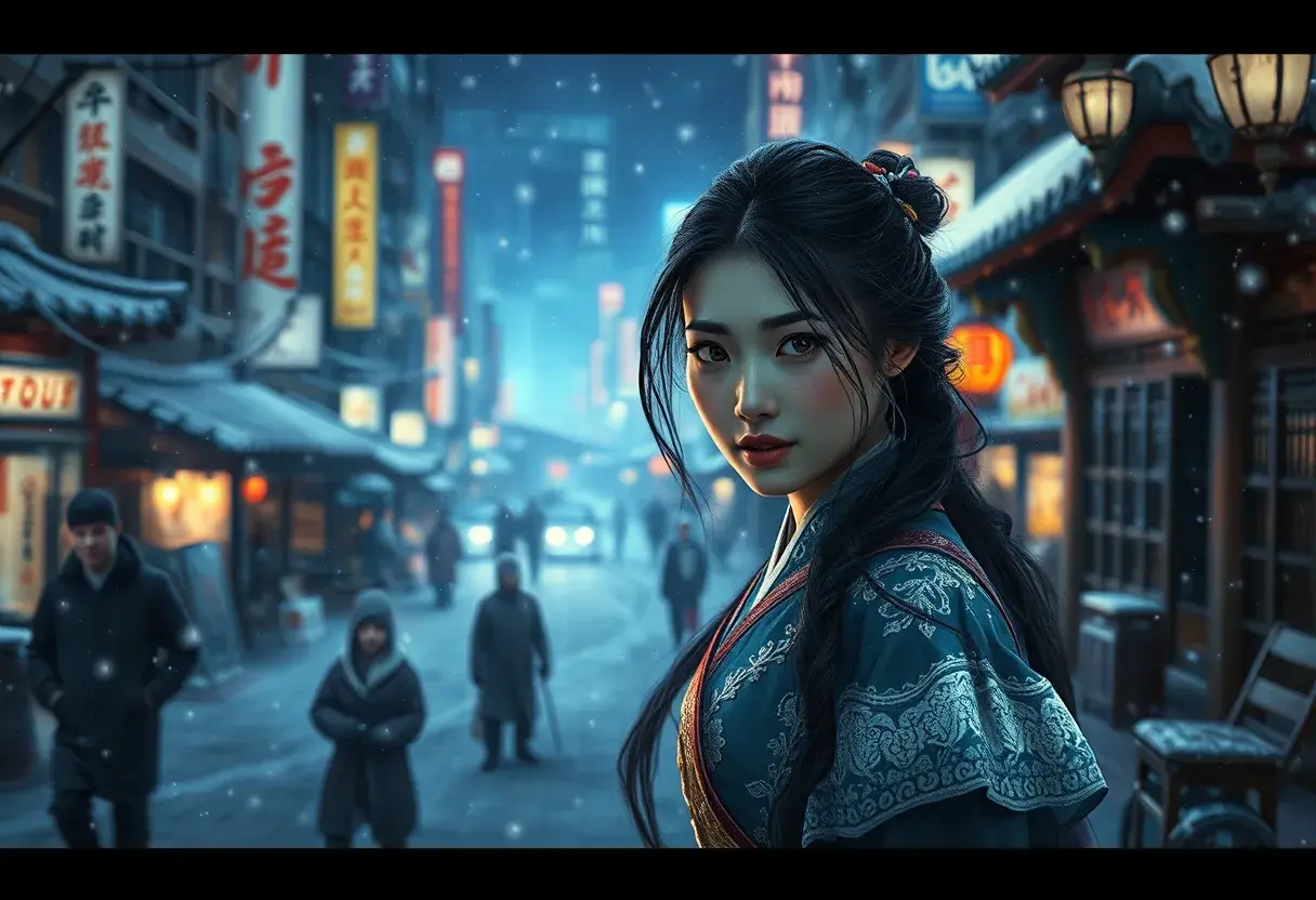 Mulan in a snowy tokyo town at night, Intricate Artwork, Intricate Details, Half Body, Beautiful, Matte Painting, Sharp Focus, Portrait, Fantasy, Threatening by Stefan Kostic