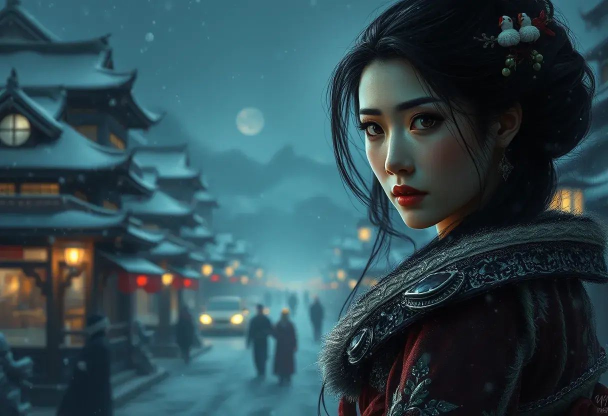 Mulan in a snowy tokyo town at night, Intricate Artwork, Intricate Details, Half Body, Beautiful, Matte Painting, Sharp Focus, Portrait, Fantasy, Threatening by Greg Rutkowski