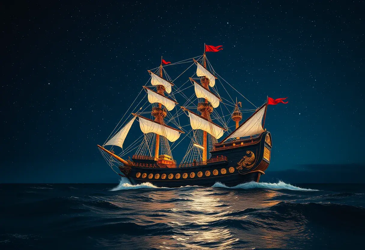 Pirate Ship in high seas on a dark starry night, Intricate, Ultra Detailed, Symmetry, Beautiful, Sharp Focus, Astrophotography, Centered, Volumetric Lighting