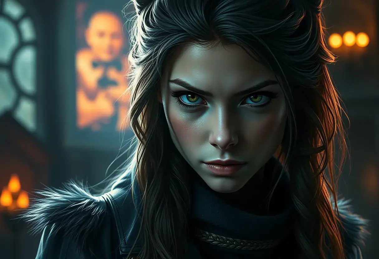 Beautiful girl in werewolf academy, Stunning, Digital Painting, Cinematic Lighting, Sharp Focus, Fantasy, Threatening, Hyper Realistic by Stefan Kostic