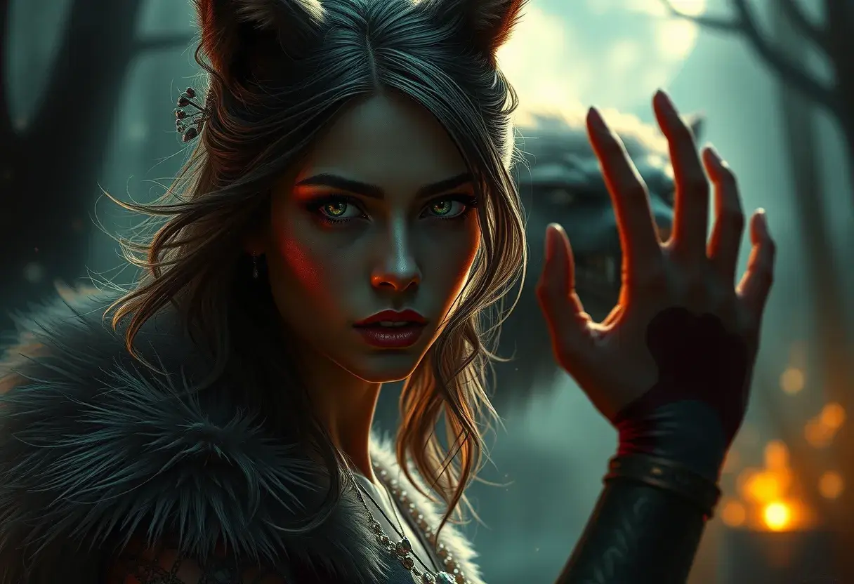 Beautiful girl in werewolf academy, Stunning, Digital Painting, Cinematic Lighting, Sharp Focus, Fantasy, Threatening, Hyper Realistic by Greg Rutkowski