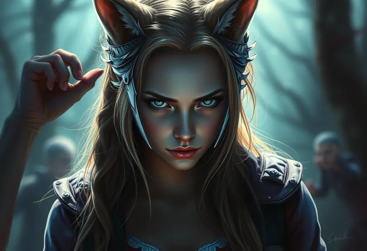 Beautiful girl in werewolf academy, Stunning, Digital Painting, Cinematic Lighting, Sharp Focus, Fantasy, Threatening, Hyper Realistic by Stefan Kostic