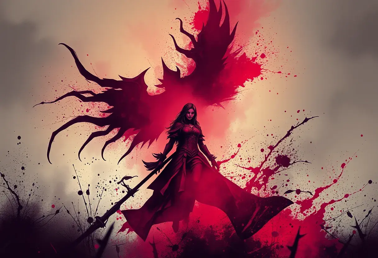 Silhouette of Irelia emerging from the fog of war, ink splash, Highly Detailed, Vibrant Colors, Fantasy, Dark by Stefan Kostic