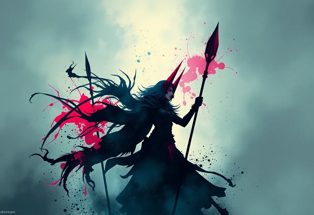 Silhouette of Irelia emerging from the fog of war, ink splash, Highly Detailed, Vibrant Colors, Fantasy, Dark by Stefan Kostic