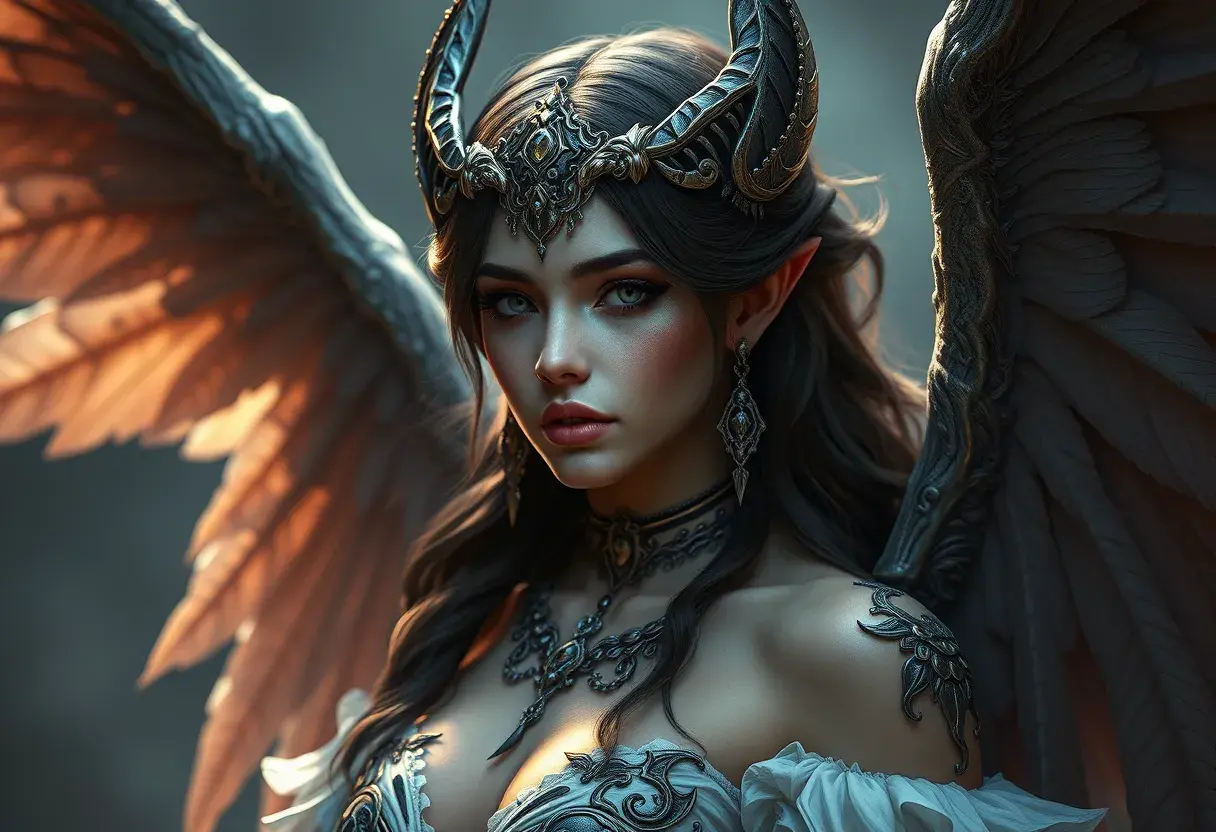 Alluring matte portrait of a beautiful Nidalee with wings, Highly Detailed, Intricate, Half Body, Realistic, Volumetric Lighting, Fantasy, Elegant by Stanley Artgerm Lau, Greg Rutkowski