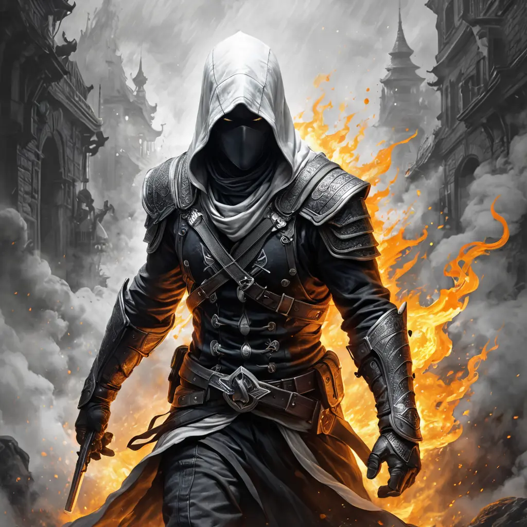 White Assassin emerging from a firey fog of battle, ink splash, Highly Detailed, Vibrant Colors, Ink Art, Fantasy, Dark by Stanley Artgerm Lau