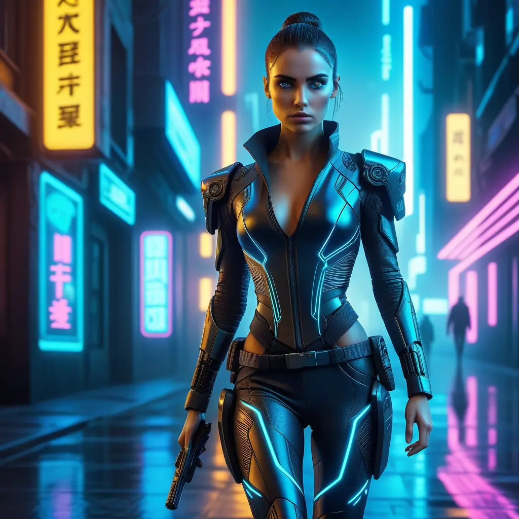 full body shot, armed beautiful woman walking with detailed eyes, dynamic pose, athletic, Cybernatic and Sci-Fi, Cyberpunk, Cityscape, Blade Runner 2049, Neon light effect, Neon, Futurism, Threatening by Stefan Kostic