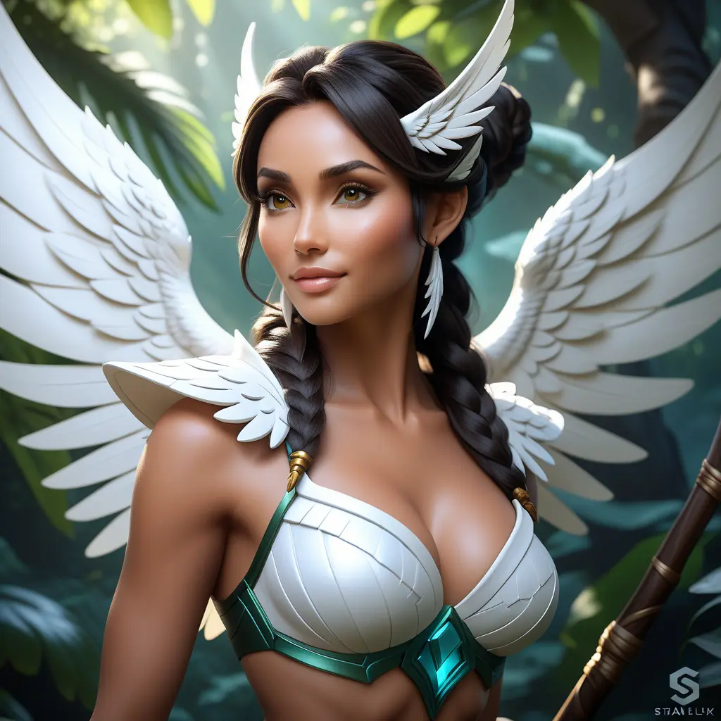 Alluring matte portrait of a beautiful Nidalee with wings, Highly Detailed, Intricate, Half Body, Realistic, Volumetric Lighting, Fantasy, Elegant by Stanley Artgerm Lau, Greg Rutkowski