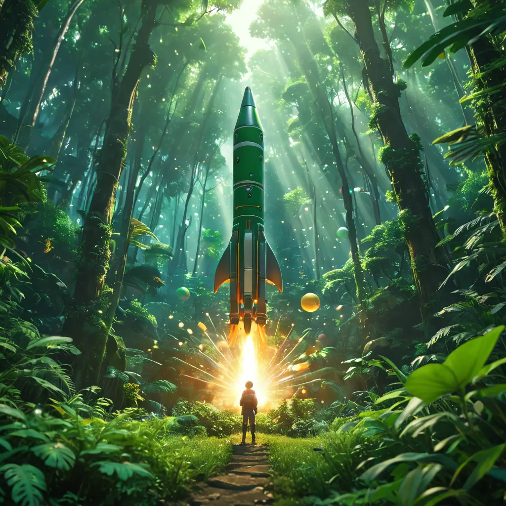 Studio ghibli, rocket explosion, jungle, solar, green technology, optimist future, 8k, Bokeh effect, Cinematic Lighting, Iridescence, Vibrant by Greg Rutkowski, WLOP