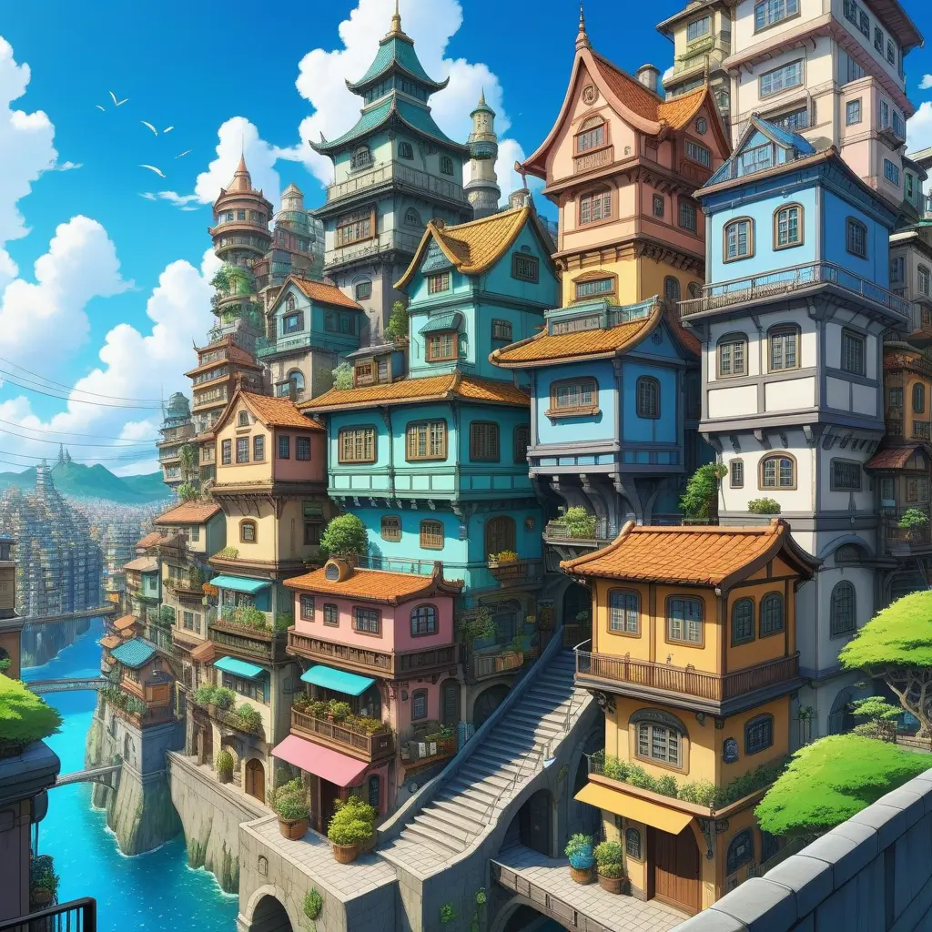 Buildings and homes of a maximalism fantasy city, Highly Detailed, Beautiful, Digital Painting, Anime, Fantasy by Studio Ghibli