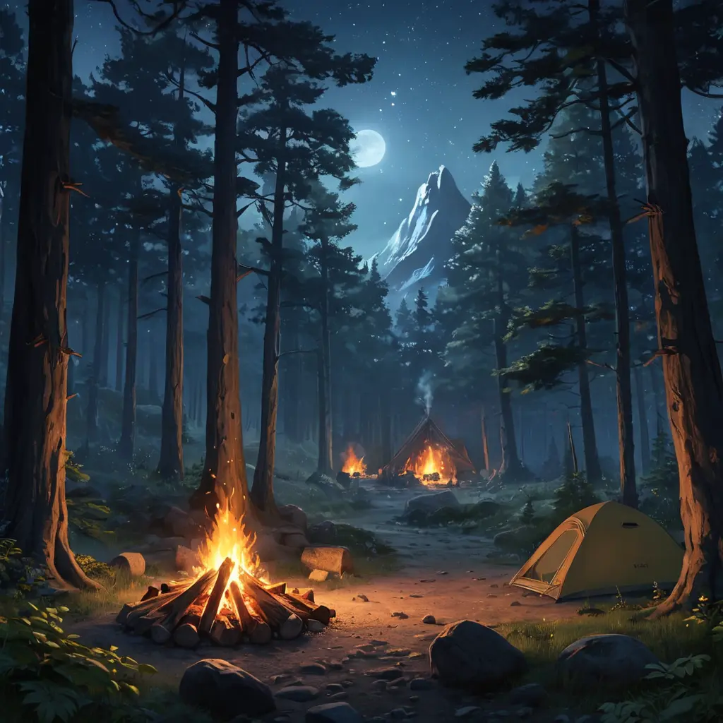 matte painting of a camp fire in the forest at night, Highly Detailed, Beautiful, Digital Painting, Anime, Fantasy by Studio Ghibli