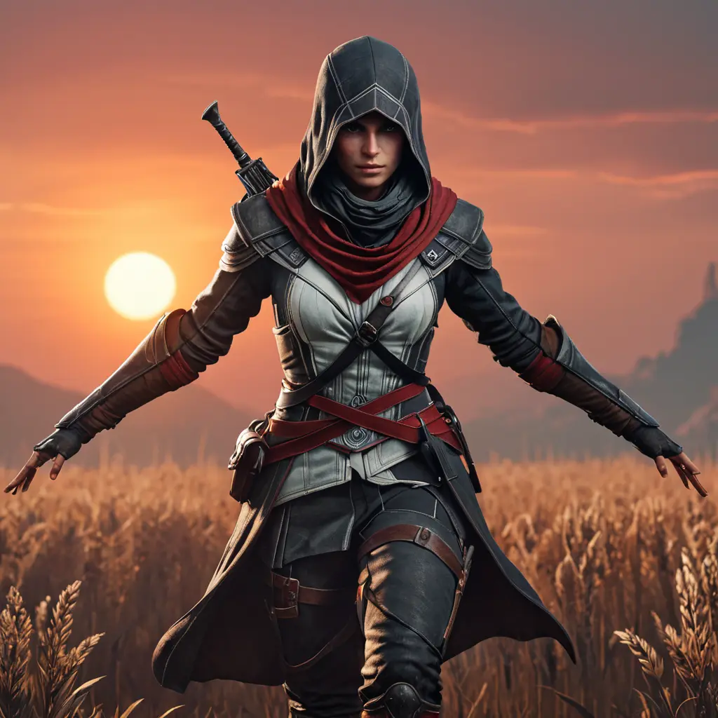 Female assassin creed emerging from a batte field. Sky is colored by a red sun set., Dystopian, Trending on Artstation, Volumetric Lighting by Stefan Kostic