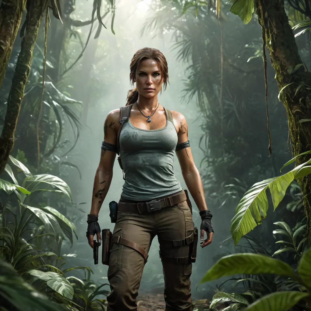 Full body portrait of a beautiful armed Lara Croft emerging from the jungle, Highly Detailed, Intricate, Sharp Focus, Volumetric Lighting, Fantasy, Elegant, Threatening by Greg Rutkowski